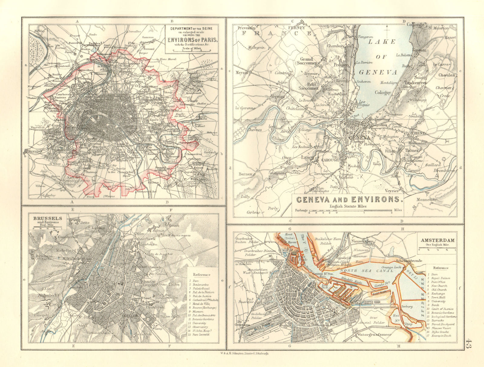 EUROPEAN CITIES. Environs of Paris Brussels Amsterdam Geneva. JOHNSTON 1920 map
